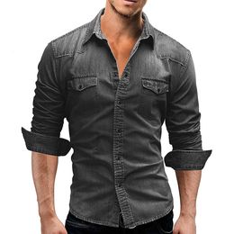 Men's T-Shirts Denim TShirt Men Mes Cotton Jeans TShirt Fashion Autumn Slim Long Sleeve Male Cowboy Shirt Stylish Wash Slim Tops 230509