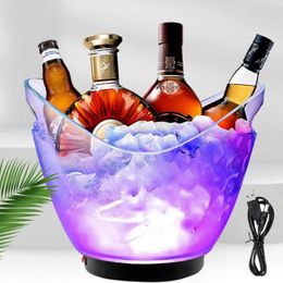 8L Transparent LED Luminous Ice Cube Storage Buckets Barrel Shaped Bar Beer Bottle Cooler Container Light Up Champagne Wine