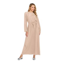 Casual Dresses Solid Plain Saudi Arabian Muslim Dress Long Sleeve High Waist Maxi With Sashes Women Clothes TA6176