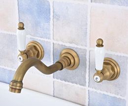 Bathroom Sink Faucets Antique Brass Widespread Wall-Mounted Tub 3 Holes Dual Ceramic Handles Kitchen Basin Faucet Mixer Tap Asf532