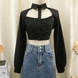 Women's T Shirts Women Blouse Sexy Backless Single-breasted Hollowed Out Shirt French Style Crop Tops Ladies Lace Up Long Sleeve