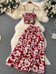 Two Piece Dress Holiday Floral Print Pieces Suits Zipper Design Slim Tank Top A Line Long Skirt Vintage Bohemian Beach Sets 230509