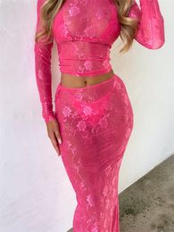 Two Piece Dress Lace Floral Sheer Mesh 2 Piece Set Long Sleeve Crop Top High Waist Midi Skirt Suits Y2K Outifts Streetwear Party Beachwear 230509