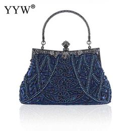 Evening Bags Vintage Handbag Female Luxury Dark Blue Party Purses and Handbags Designer Womens Clutch Crossbody Sac a Main 230427