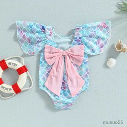 Two-Pieces Princess Toddler Baby Girls Mermaid Swimsuit Beachwear Big Bowknot Ruffle Sleeve Kids Children Swimwear Bathing Suit Beach Wear