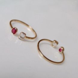 Cluster Rings MADALENA SARARA 18K Yellow Gold Simple Oval Ruby Stone And White Retangular Women Opening Ring