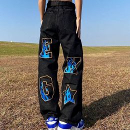 Men's Jeans American retro street hiphop print high style jeans men and women loose straight wideleg long pants ins 230509