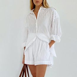 Women's Swimwear Women Summer Dress 2023 Cover Up For The Beach French Stripe Hubble Bubble Long Sleeve Loose High Waist Shorts Leisure Suit