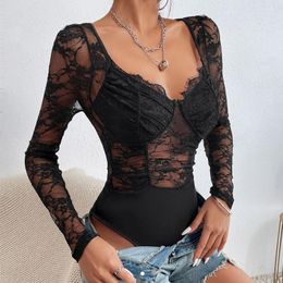 Women's Swimwear Cover-ups Beach Tops Women Casual Geo Print Mesh Long Sleeve Stretchy Sexy Party Bodysuit Shir Outfits