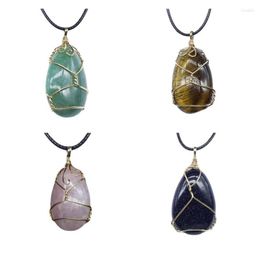 Pendant Necklaces Healing Crystal Rock Stone Waterdrop Handmade Necklace Birthstone Gold Plated Full Wire Wrap With PU Cord Chain Jewellery