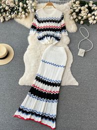 Two Piece Dress SINGREINY Summer Beach Knitted Pieces Suits Loose T ShirtLong Skirt Sets High Street Elastic Waist Striped Casual 230509