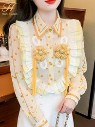 Womens Blouses Shirts H Han Queen Simple Spring Autumn Elegant Sweet Lady Korean Loose Casual Print Vintage OL Office Work Tops 230509