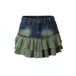 Skirts Tutupi Daging untuk Menunjukkan Rok Pendek Denim A line Yang Ramping Ceruk Panel Pinggul Tinggi Ruffle Retro Amerika Wanita 230509