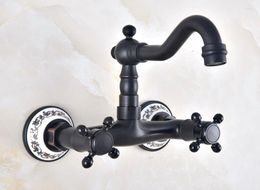 Kitchen Faucets Black Oil Rubbed Brass Dual Handle Double Hole Wall Mount Wash Basin Faucet Swivel Spout Bathroom Sink Mixer Tap Dnf817