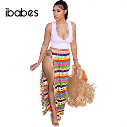 Skirts Knitted Hand Crochet Tassel Maxi Skirt Women Fashion Sexy Side High Split Colourful Summer Long Beach Cover Ups Casual Petticoats 230509