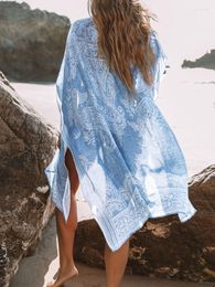 Women's Swimwear Summer Cover Ups For Women Bohemian Print Short Sleeve Beachwear Holiday Sunscreen Chiffon Cardigan Kimono Femme