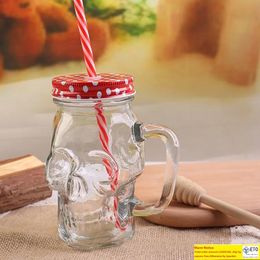 Skull Straw Glass Mug With Lid Handle 400ml Large Mason Juice Drink Cup Creative SKull Shaped Mug Cold Drinking