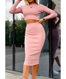 Two Piece Dress Autumn And Winter Long Sleeve Crop Top Hip Bag Skirts Set For Women Solid Colour Pink Slim Sets Oufits 230509