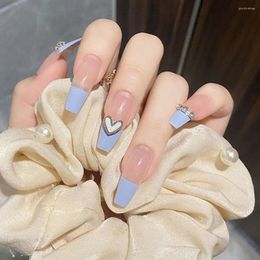 False Nails Blue Heart Chain With Drill Long Nail Piece Wearable Full Coverage Finished Art Removable