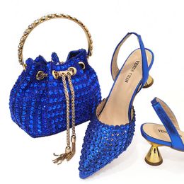 Sandals Italian Design Arrival Fashion Colourful Crystal Decoration Style Women Shoes and Bag Set in Blue Colour for Party 230508