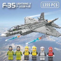 Blocks F-35 Lightning Fighter Small Particle Blocks Stealth Bomber Model Military Aircraft Assembly T230509