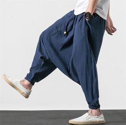 Pants M6XL 7XL Plus size men's cotton linen pants fashion 2023 Autumn long crosspants Summer hip hop Dance pants black gary white