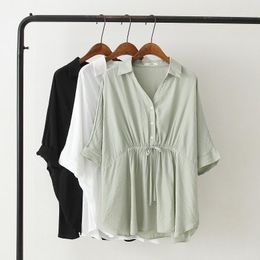 Women's Blouses Short Sleeve Women Shirt Blouse Button White Female Drawstring Black Loose Shirts For Cotton Office Q524