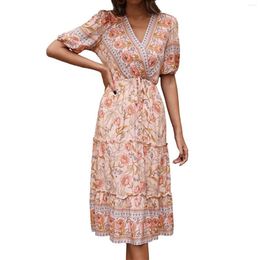 Casual Dresses Printed V Neck Mid Length Dress With Wooden Wrap Around For Women Maxi Long Summer