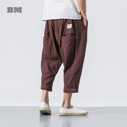 Pants Chinese Style Black Linen Cropped Trousers 2019 Ethnic Style Harem Pants Mens Baggy Pants Summer Japanese Loose Joggers