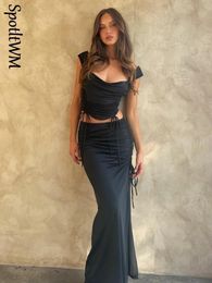 Two Piece Dres Fashion Drawstring Vest Skirt Solid Suit Sleeveless Short Top Split 2 Pcs Set 2023 Spring Elegant Vacation Outfits 230508