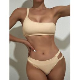 Women's Swimwear Copyright Design Custom Logo Label Tag 2023 Khaki One-shoulder Ribbed Swimsuit High-cut