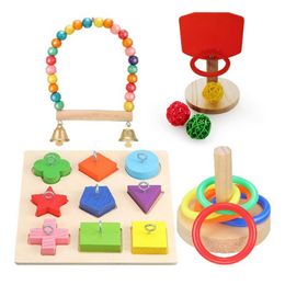 Toys 4 Styles Bird Toy Set with Wooden Block Puzzle Parrot Training Basketball Colourful Stacking Rings Swing Perch