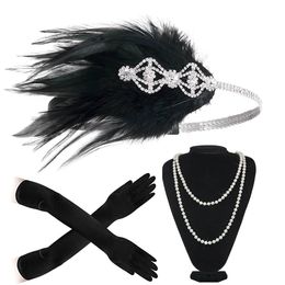 Wedding Hair Jewellery 20s Great Gatsby Party Costume Flapper Headband Pearl Necklace Glove 1920s Headpiece Accessories Set For Women 230508