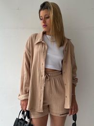 Women's Tracksuits Fashion Chic Pleated Lapel Shirts Sets Autumn Long Sleeve Blouses With High Waist Shorts Sets Plus Size Loose Women Casual Suits 230508