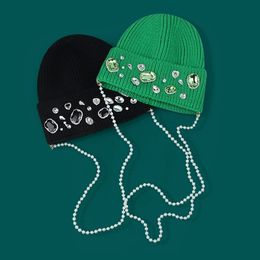 BeanieSkull Caps Brand Designer Women's Winter Skullies Beanies Pearl Chain Wool Hat Personality Warm Ear Protection Knitted Cap Femme 230506