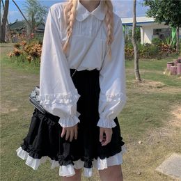 Women's Blouses & Shirts Japanese Ruched Lolita Women 2023 Mori Girl Sweet Lantern Sleeve Tops Fresh Kawaii White SpringWomen's Women'sWomen