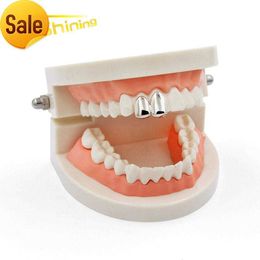 18K White Gold Plated DOUBLE Top Two Teeth Tooth Cap Canine HipHop JOKER Grillz
