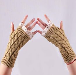 Five Fingers Gloves Female Lovely Knitted Lace Without Mitten Winter Women Half Finger Ladies Fingerless Warm