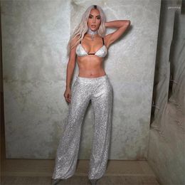 Women's Two Piece Pants 2023 Summer Women's Clothes Fashion Bright Sexy Girl Suspenders Backless High Waist Trousers Suit