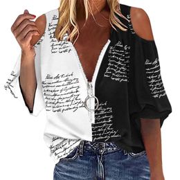 Womens Blouses Shirts Elegant Off Shoulder Women Casual Letter Print V Neck Zipper Tops Patchwork Loose Top Long Sleeve 230509