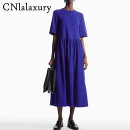 Party Dresses CNlalaxury Spring Cotton Loose Midi Women Retro Short Sleeve Pocket Summer Robe Blue Casual Vestidos 230508