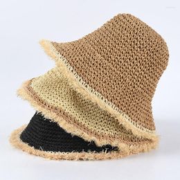 Wide Brim Hats RH Ladies Casual Sun Panama Hat Folding Handmade Paper Straw Raffia Fringe Edge Tassel Beach