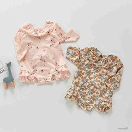 Two-Pieces Summer Style Baby Girls Swimsuits Bodysuits Long Sleeve Floral Toddlers Kids Beach Bikini Children Swimwear