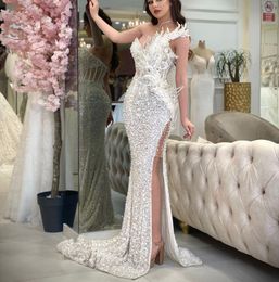 Luxury Mermaid Prom Dresses Sleeveless V Neck One Shoulder Appliques Sequins Beaded 3D Lace Side Slit Floor Length Evening Dress Bridal Gowns Plus Size Custom Made