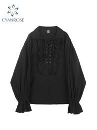 Blouse Fall Fashion Vintage Gothic Shirt Women Flare Sleeves Ruffles Oversize Club Party Evening Girl Lolita Black Blouse Vneck Tops