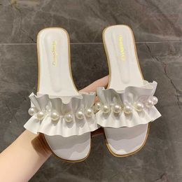 Slippers 2022 summer new flat bottom pearl pleated slippers women's plus size lotus leaf lace sandals and slippers G230509