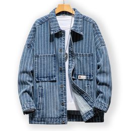 Men's Jackets Stripes Men Denim Jacket Blue Casual Loose Simple Personality High Quality Brand Male Clothing Cowboy Jeans Coat Plus Size 5xl 230509
