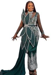 2023 May Aso Ebi Beaded Lace Prom Dress Dark Green Sheath Sexy Evening Formal Party Second Reception Birthday Engagement Gowns Dress Robe De Soiree ZJ256