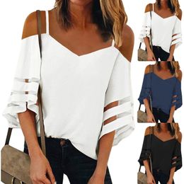 Womens Blouses Shirts Mesh Hollow Out Sexy Off The Shoulder Flare Sleeve White Fashoin Casual Vneck Tunic Elegant Lady Tops 230509