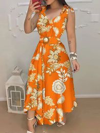 Casual Dresses Floral Print Tied Detail Belted Design Maxi Dress Women Sleeveless Casual Summer Dress 230509